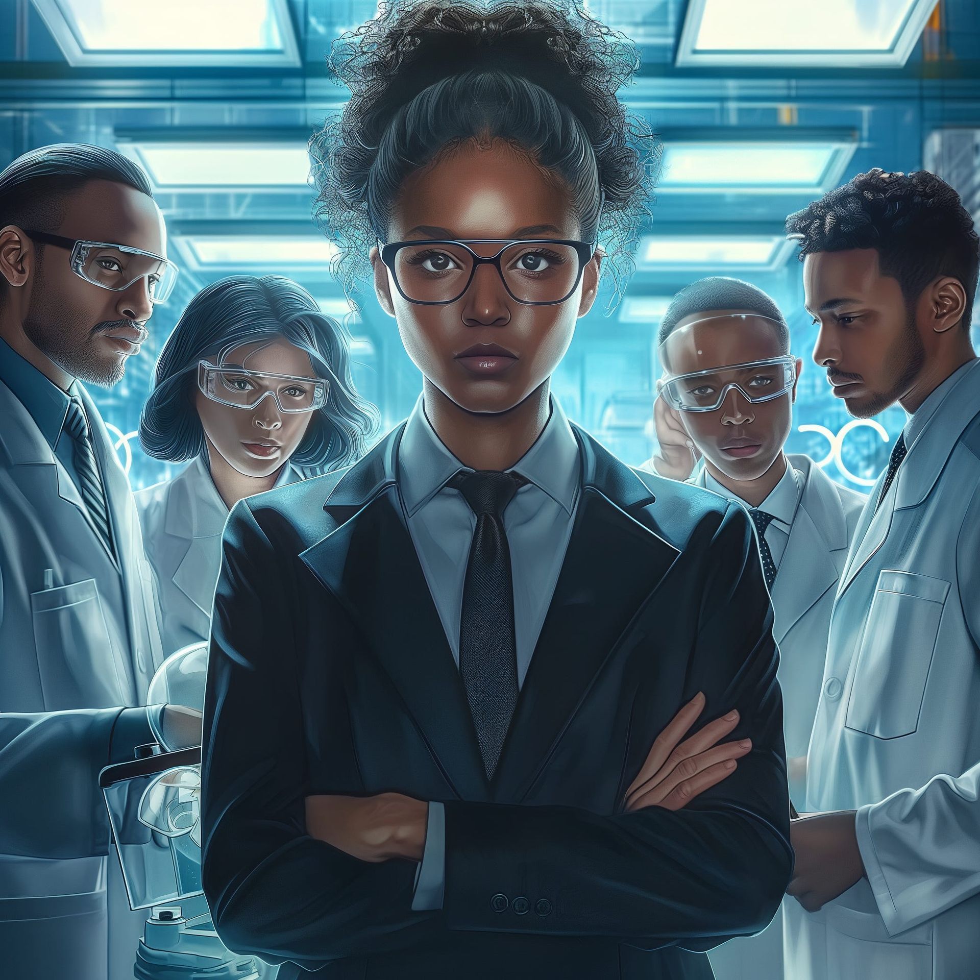 A team of researchers in lab coats and glasses stands in a high-tech laboratory, with one person in the center in a suit.