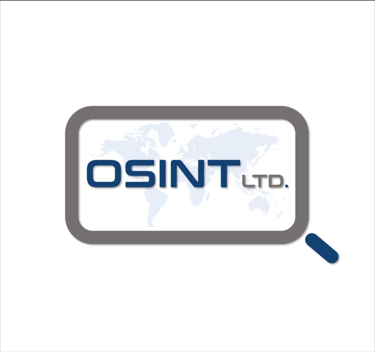 The logo for OSINT LTD. features the text in dark blue inside a grey rectangular frame resembling a magnifying glass.