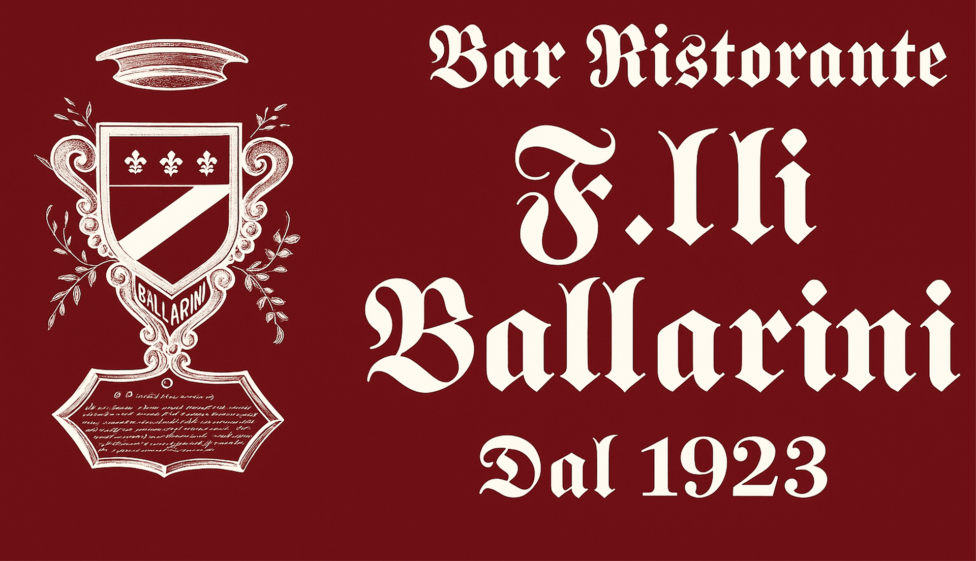 Logo del Bar Ristorante F.lli Ballarini su sfondo bordeaux; presenta lo stemma e la scritta 