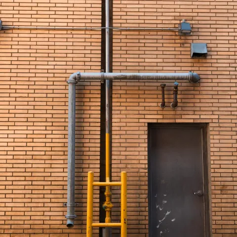Brick wall with pipes, a yellow ladder, and a gray door.