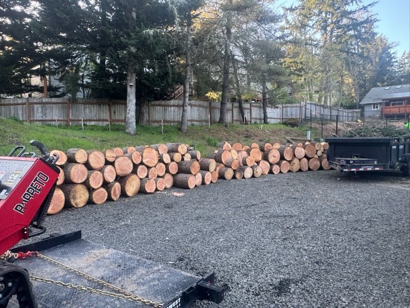 Logs stacked in rows on gravel near a trailer and red machinery in an outdoor setting.
