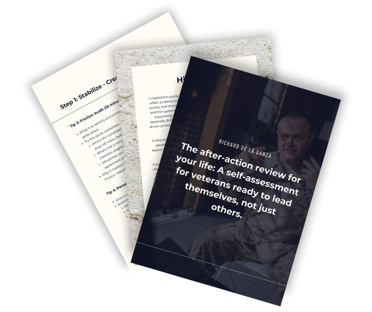 Stack of overlapping papers, including a dark cover titled “This non-action review for your VA…”