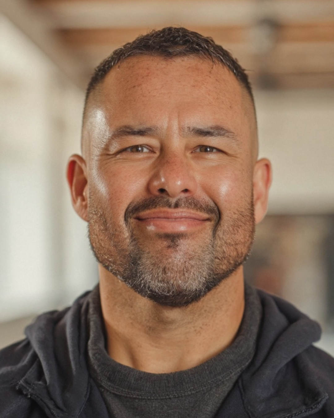 Smiling man in a dark hoodie indoors, with a blurred background.