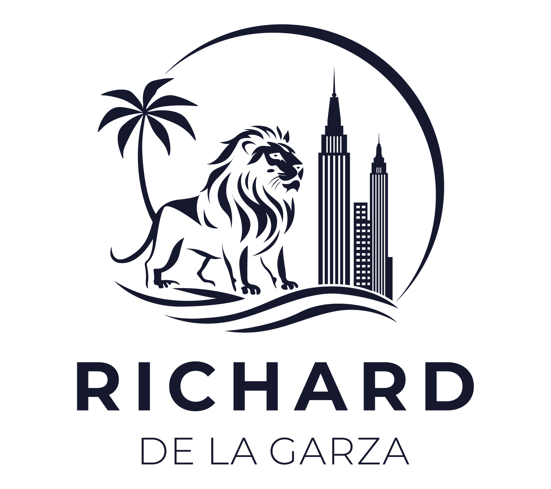 Logo with lion, palm tree, and city skyline above the name Richard de la Garza