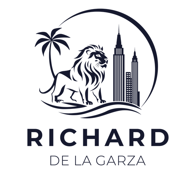 Logo with lion, palm tree, and city skyline above the name Richard de la Garza