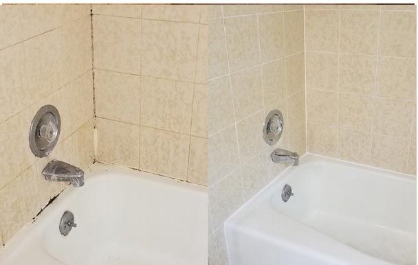 A before and after picture of a bathroom with tiles and a bathtub.