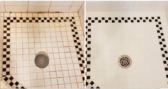 A before and after picture of a black and white checkered shower floor.