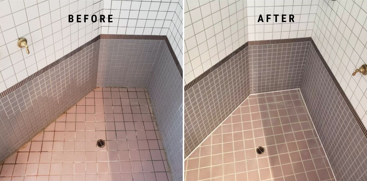 A before and after photo of a bathroom floor
