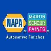Logo for NAPA Martin Senour Paints Automotive Finishes with the brand names on a blue background.