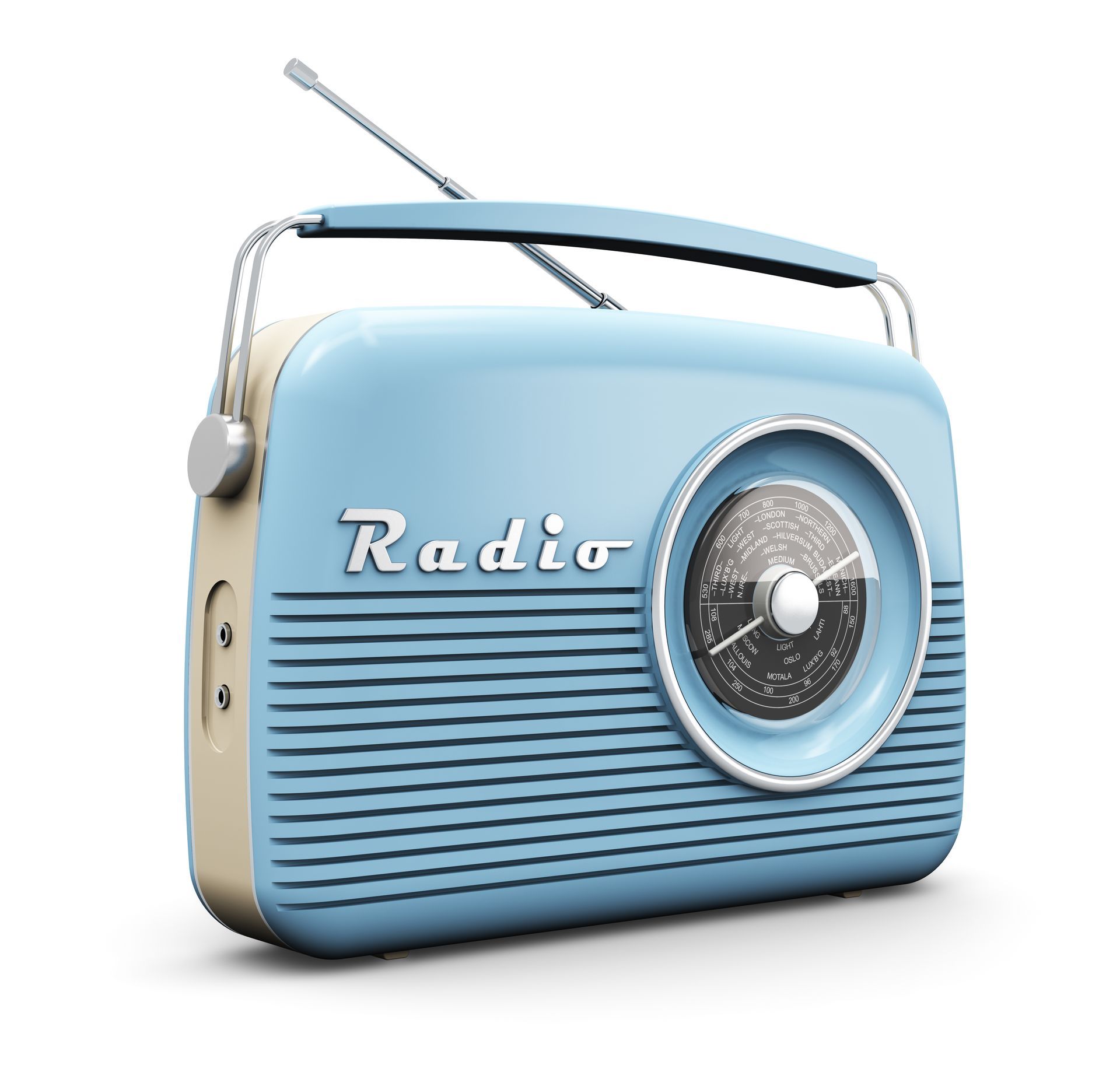A light blue retro-style portable radio with a silver antenna, circular tuning dial, and a carrying handle.
