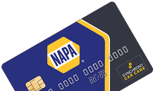 A NAPA Auto Parts branded credit card featuring a blue and dark grey design with a yellow diagonal stripe.