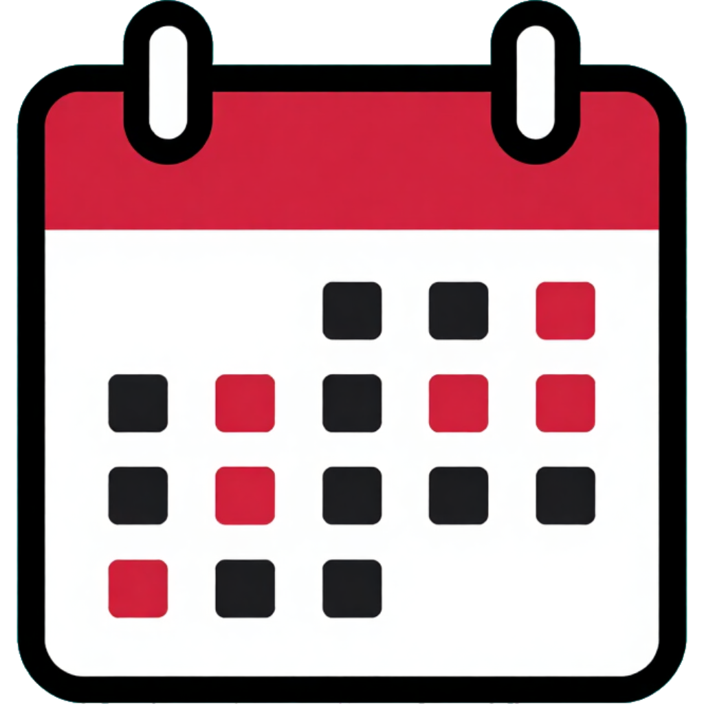 Red-and-white calendar icon with black and red date squares