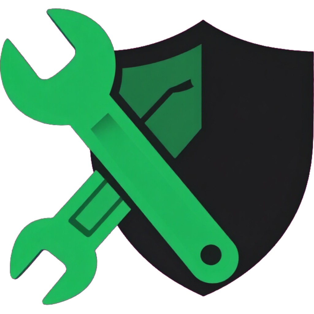 Green wrench and screwdriver crossed over a black shield icon.
