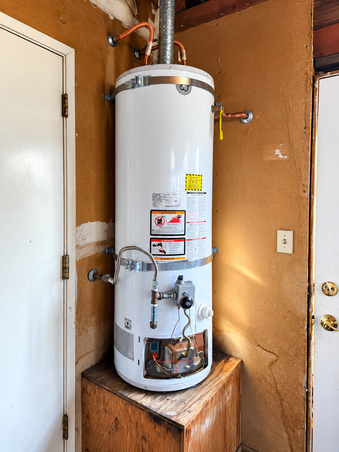 White water heater in a small utility closet beside a door, with pipes and valves visible.