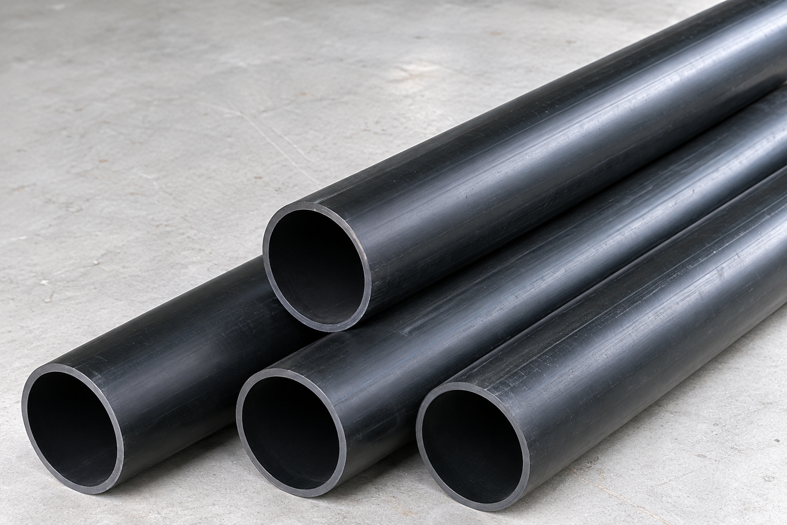 Stacked black metal pipes on a light gray surface.