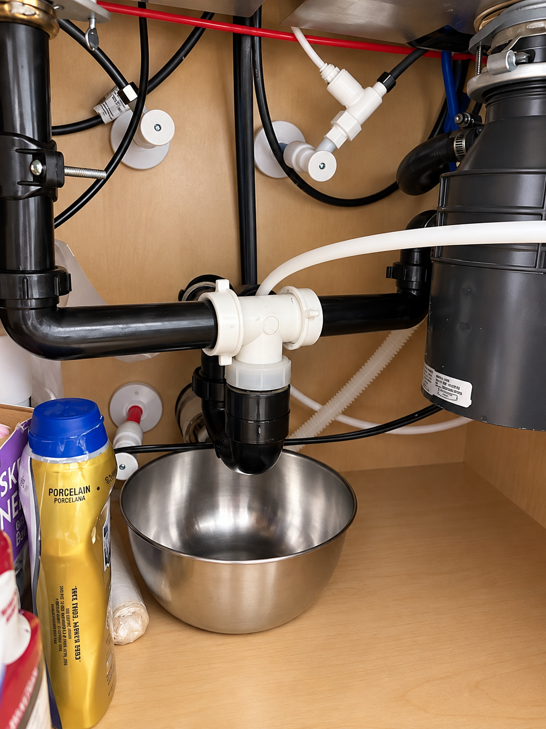 Under-sink plumbing with a stainless bowl catching drips and a yellow aerosol can nearby