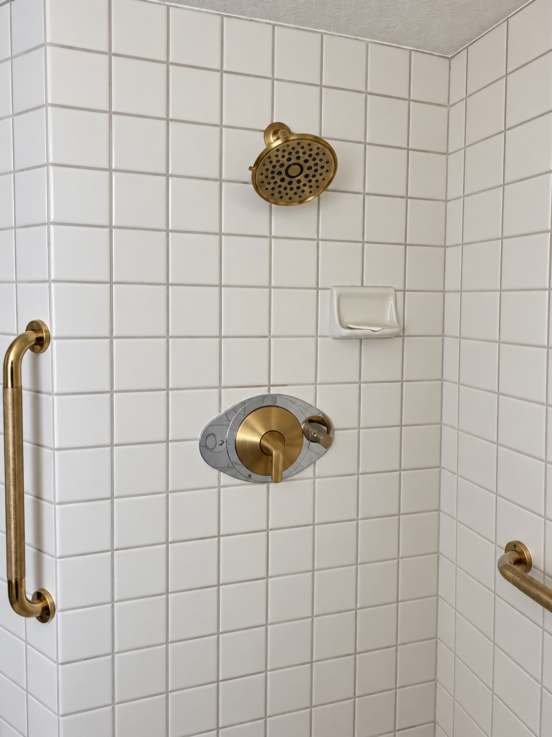 Brass shower fixtures in a white tiled shower stall with grab bars and a soap dish.
