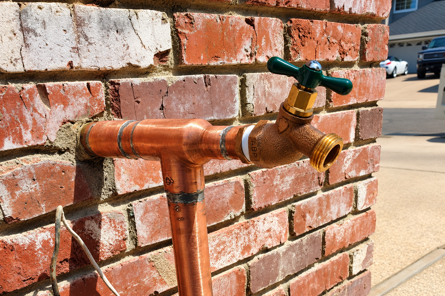 Copper outdoor faucet mounted on a brick wall, with a green handle and hose connection.