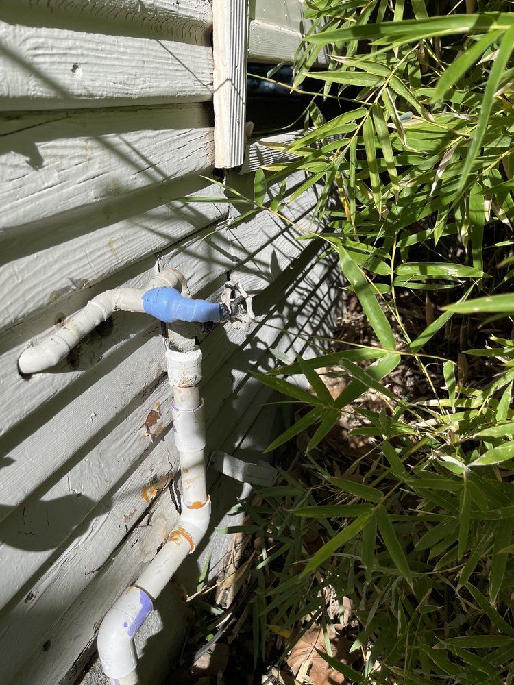 White PVC pipes and a blue valve beside a house wall, partly obscured by tall green plants