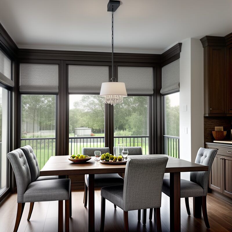 A dining room with a table and chairs and a large window. PremierHAS home automation close to Dallas Texas (DFW) Area.
