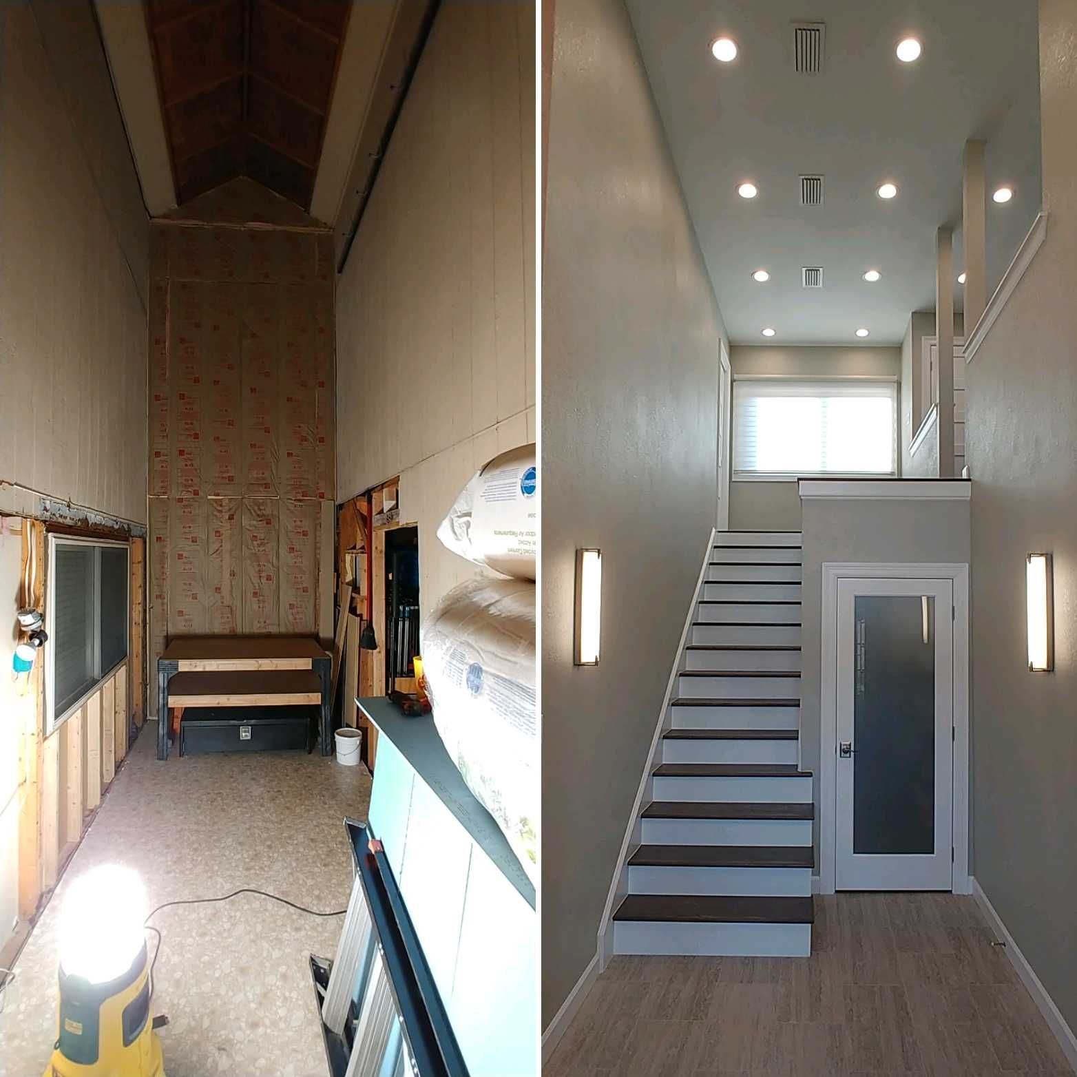 A before and after photo of a living room and stairs