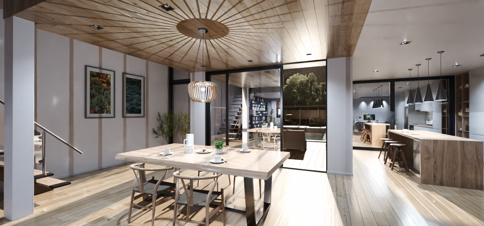 An artist 's impression of a dining room with a table and chairs.  Premier Lighting & Home Automation, LLC in Dallas Fort Worth (DFW).