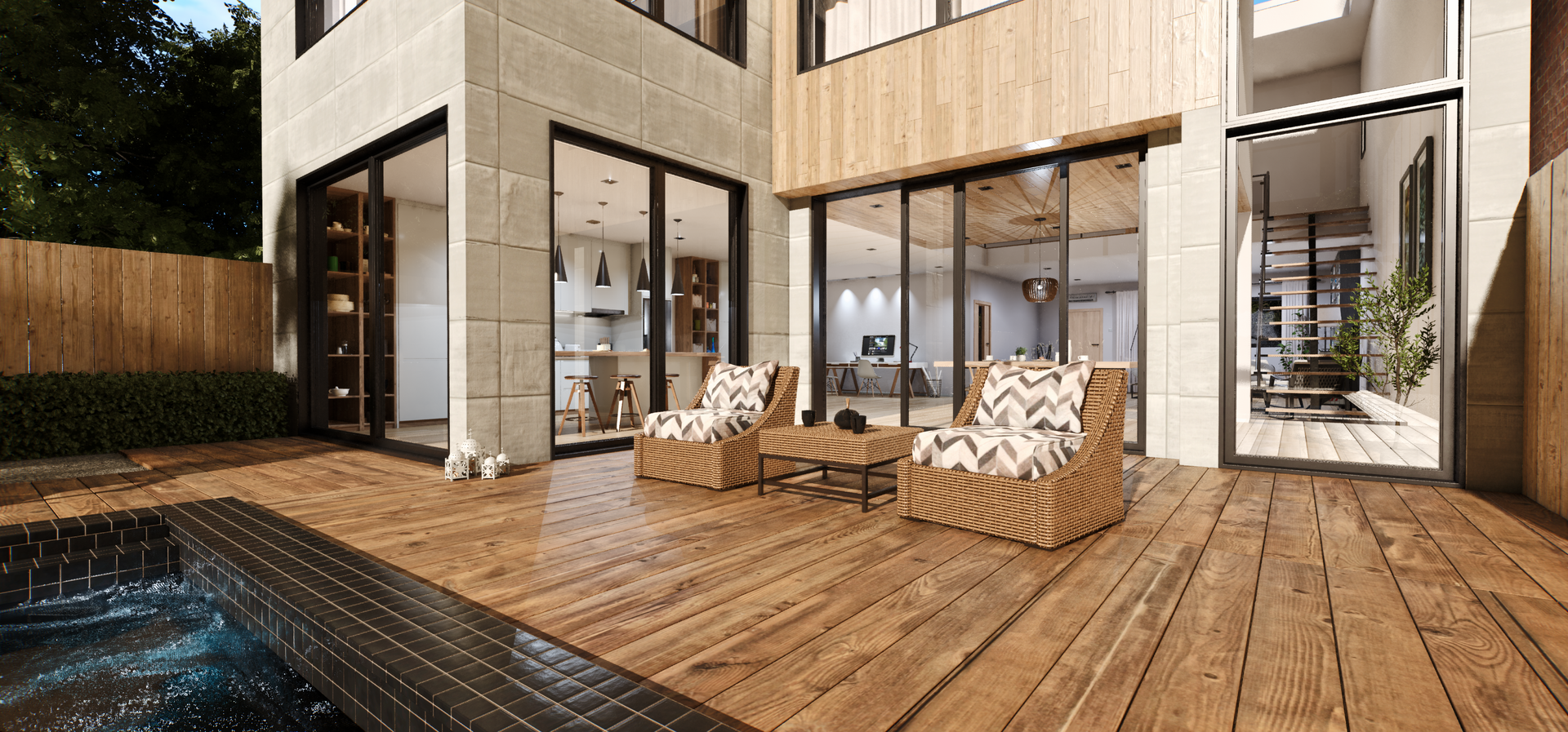 An artist 's impression of a house with a wooden deck and a swimming pool. PremierHAS home automation close to Dallas Texas (DFW) Area.