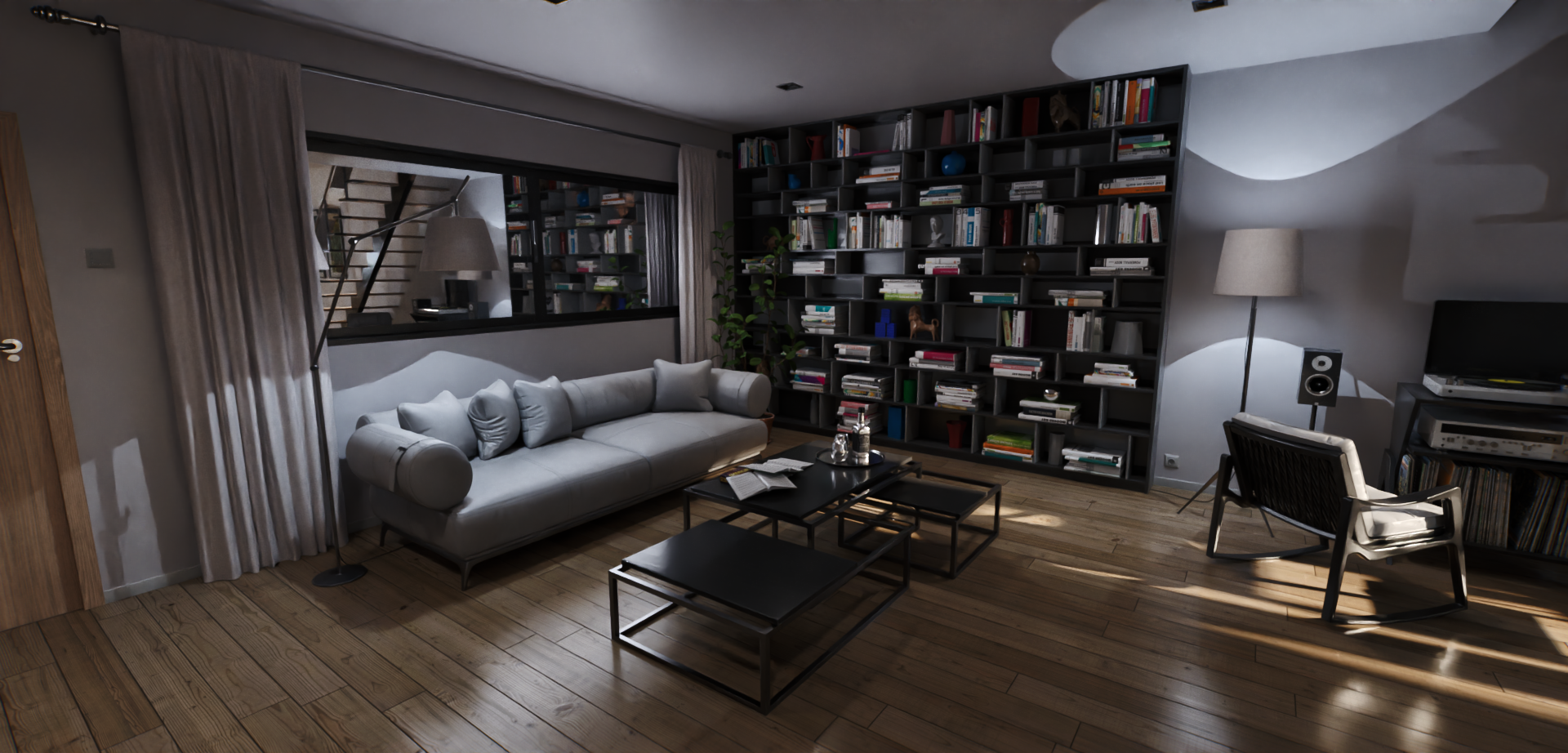 A living room with a couch , chairs , coffee tables and a bookshelf. Premier Lighting & Home Automation, LLC in Dallas Fort Worth (DFW).