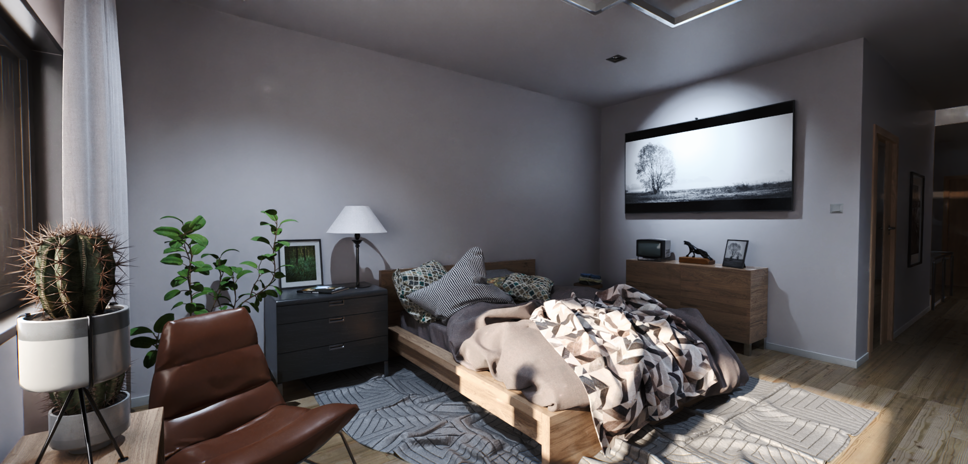 A bedroom with a large bed and a chair.   Premier Lighting & Home Automation, LLC in Dallas Fort Worth (DFW).