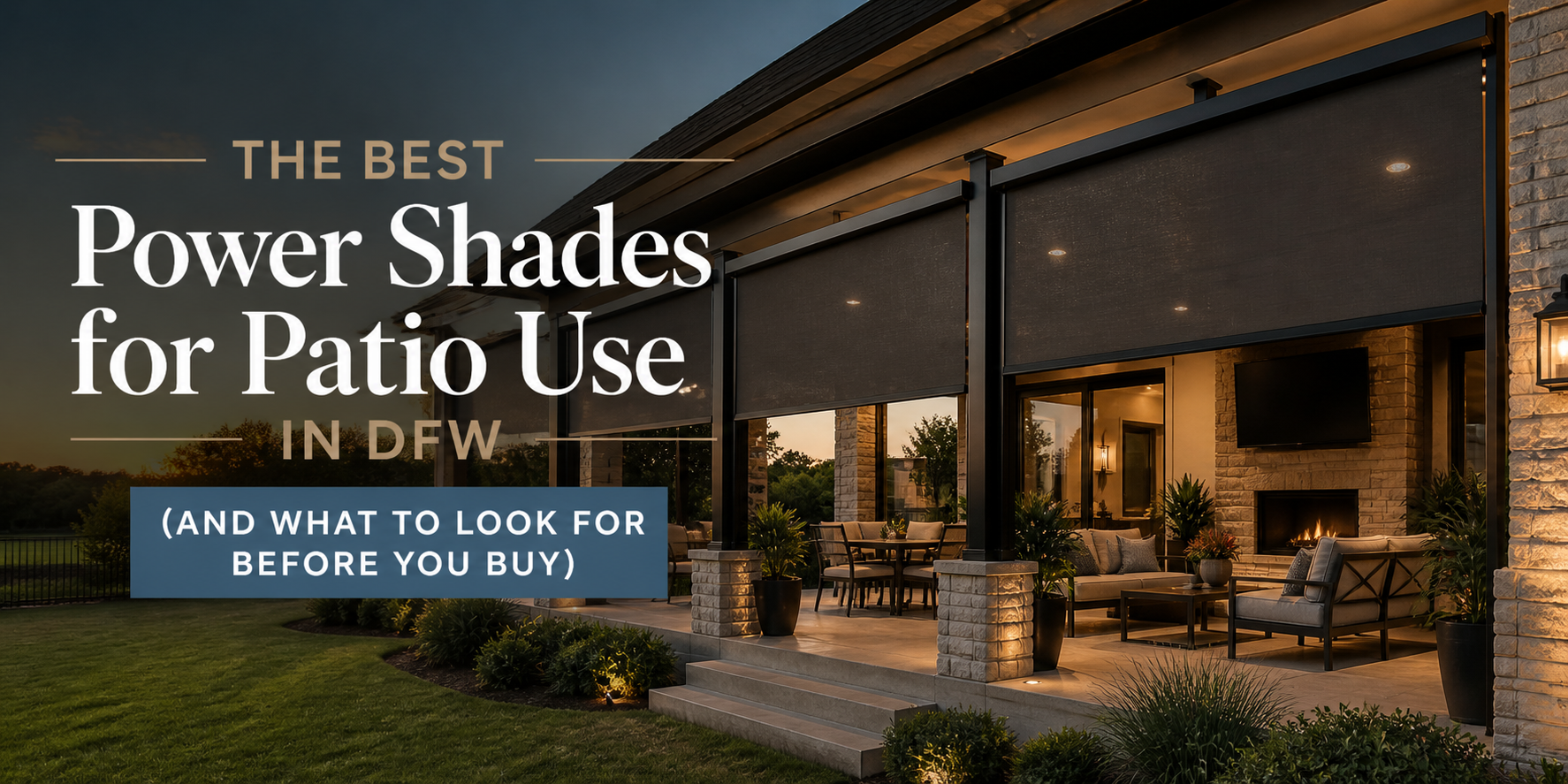 View of outdoor patio shades on Dallas metroplex area home. Power shades on dfw home installation.