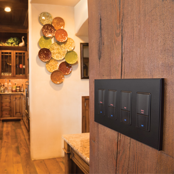 A black light switch is mounted on a wooden wall in a kitchen. Portfolio for Premier Lighting & Home Automation in Dallas Fort Worth (DFW).