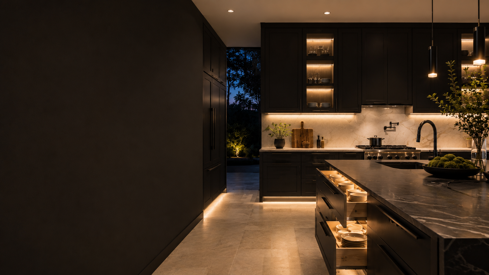 Modern kitchen with dark cabinetry, warm under-cabinet lighting, and a stone island counter at night