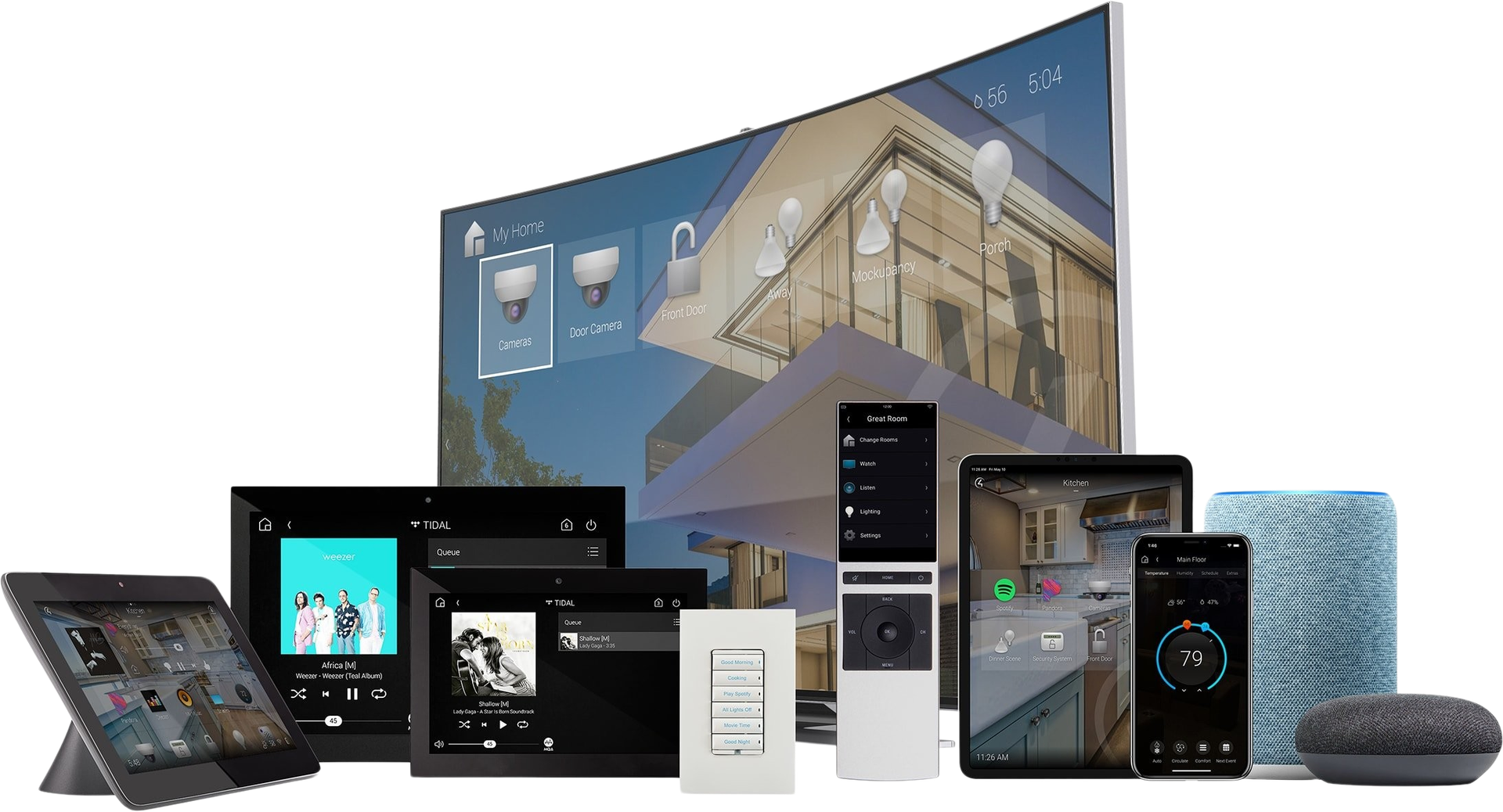 A group of smart devices are sitting next to each other on a white background. Portfolio for Premier Lighting & Home Automation in Dallas Fort Worth (DFW).