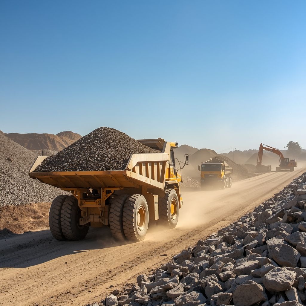 Red dump truck unloading gray gravel on a grassy area.