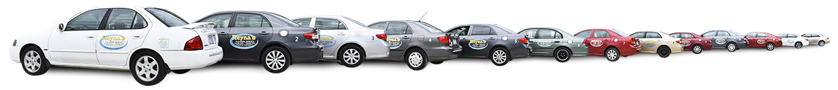 A row of cars are lined up in a row on a white background.