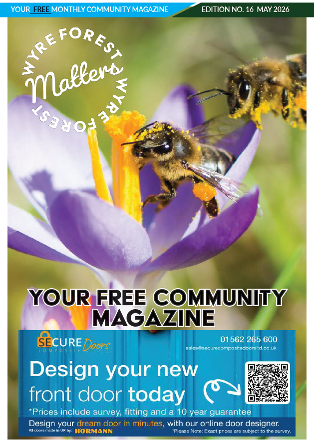 Cover of Wyre Forest Matters Magazine May 2026 - bees collecting pollen from a spring flower.