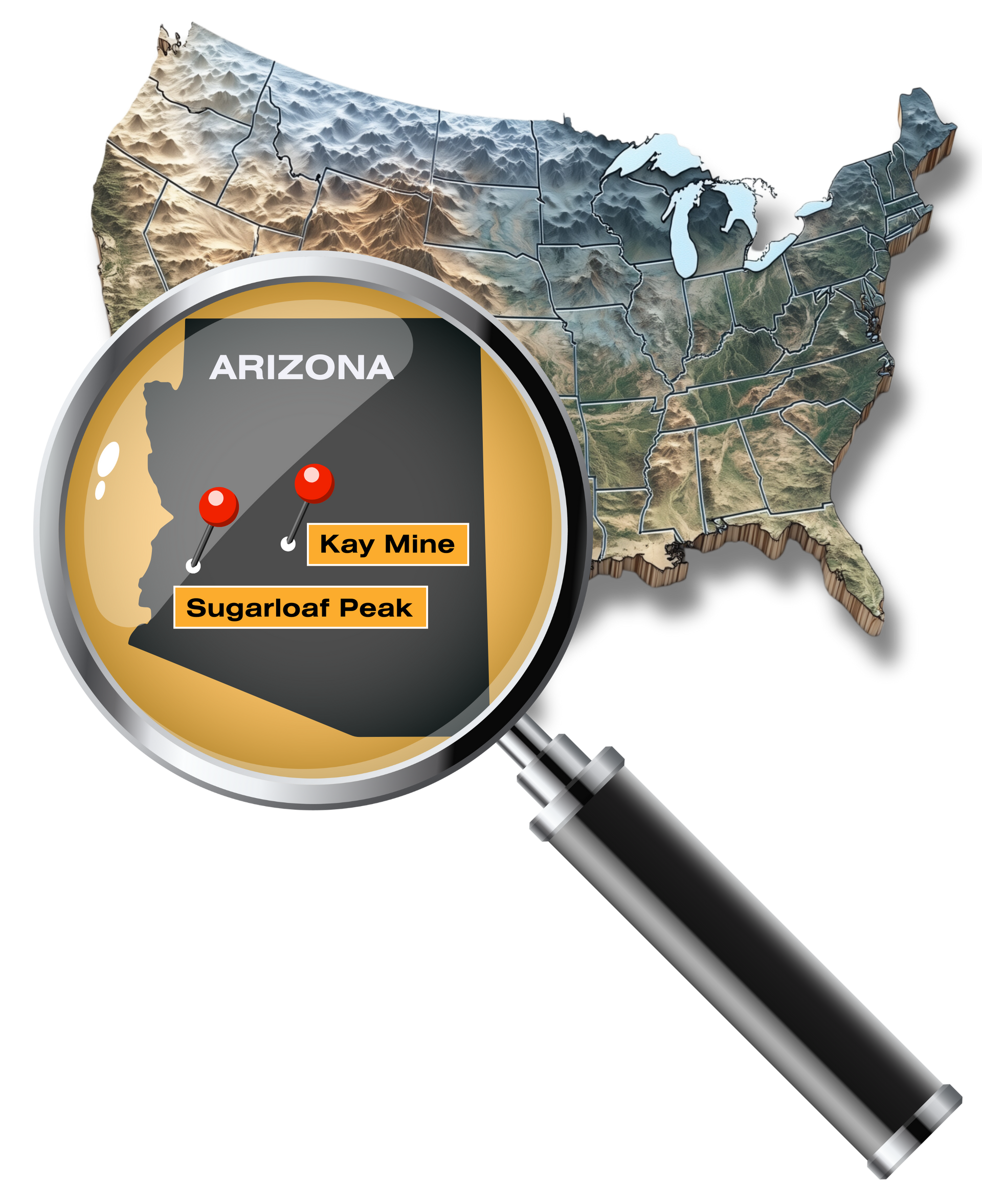 Map of Arizona highlighted in a U.S. map, with magnifying glass showing Kay Mine and Sugarloaf Peak locations.