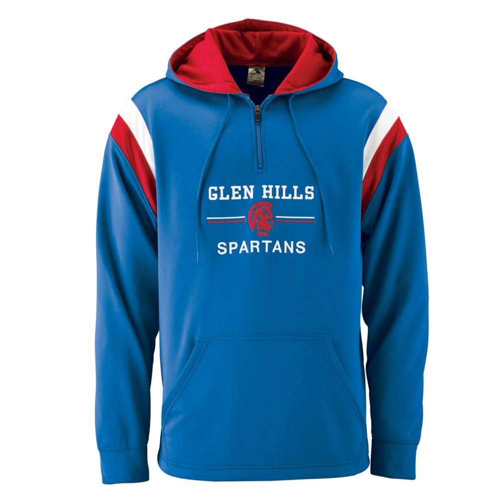 A blue glen hills spartans hoodie with red white and blue stripes