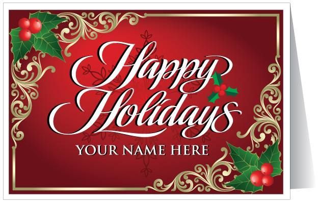 A red and gold christmas card that says happy holidays