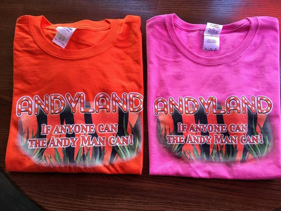 Two shirts that say andyland if anyone can the andy man can