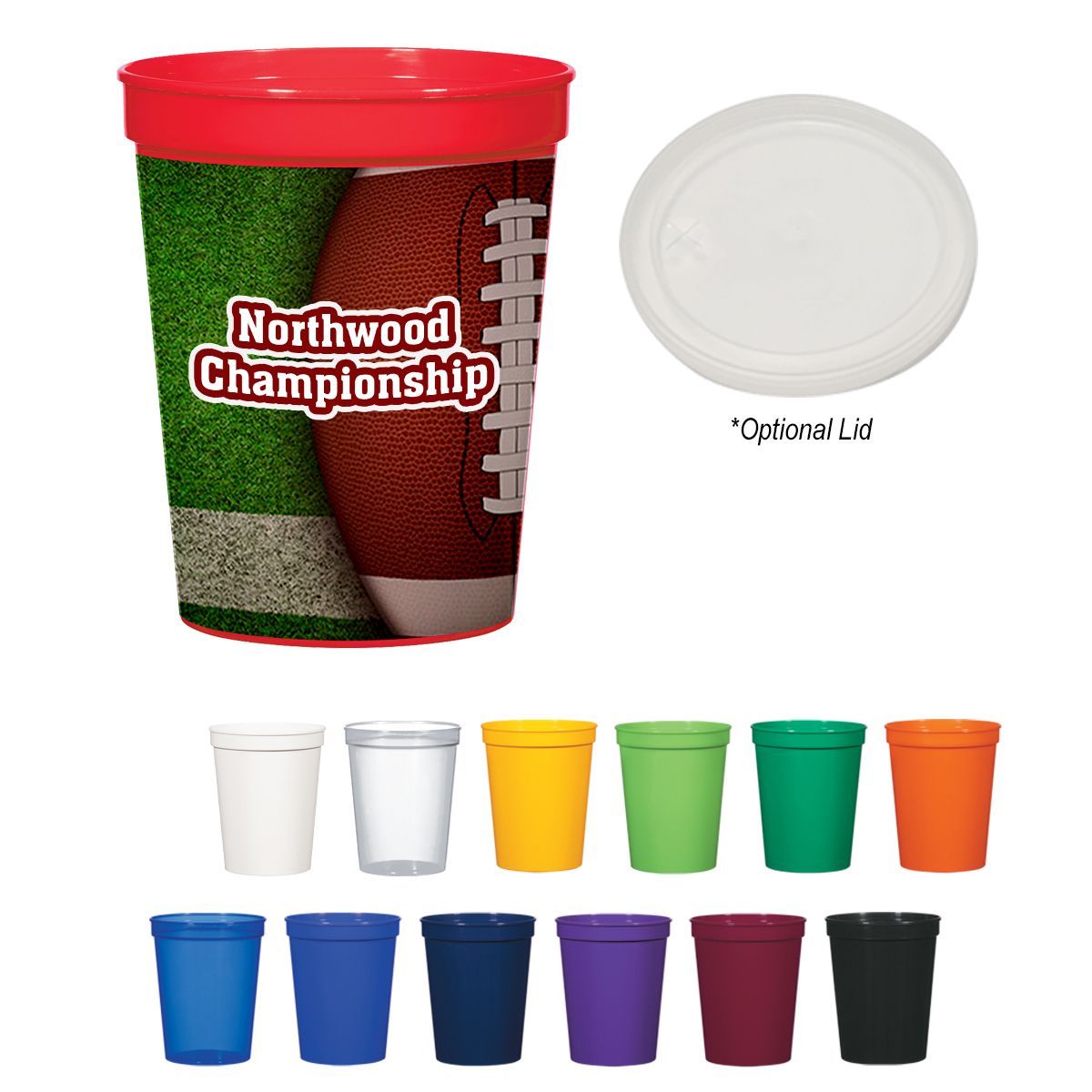 A red stadium cup with football graphics, optional white lid, and a selection of solid-colored cups.