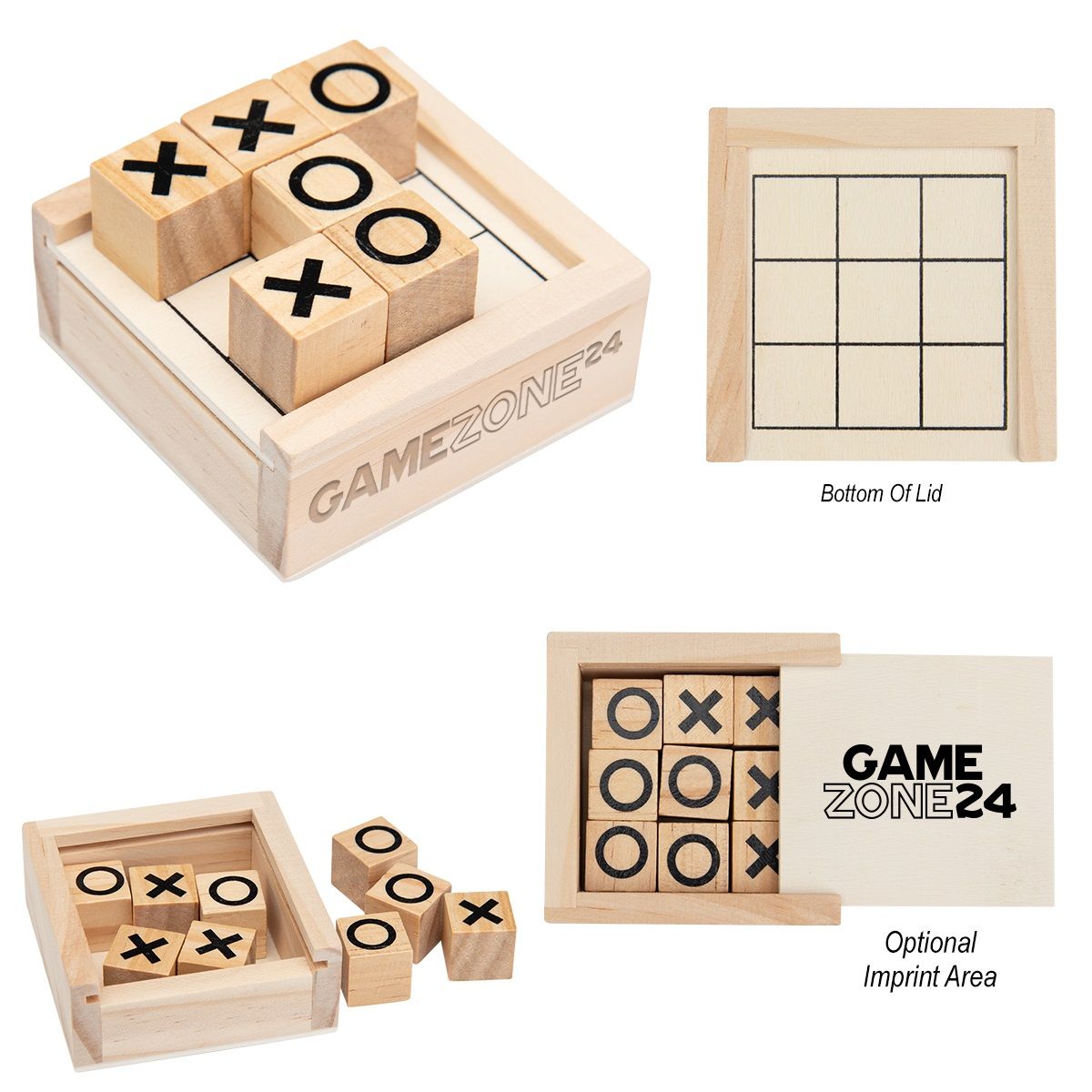 A wooden tic tac toe game in a box