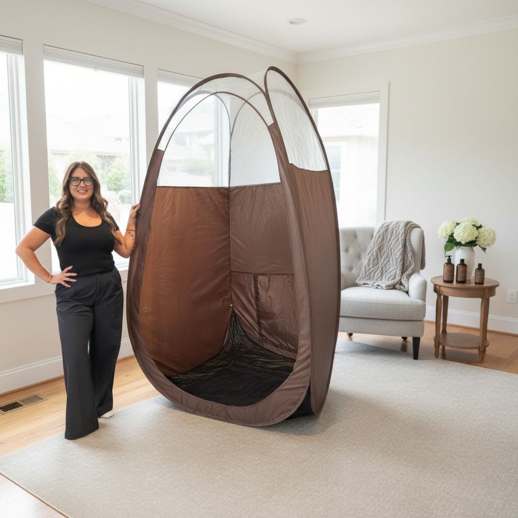 Woman in black outfit poses next to a pop-up spray tanning tent in a well-lit room.