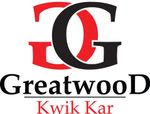 Logo for Greatwood Kwik Kar: Red and black intertwined "GG" above business name.