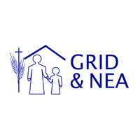 Logo: Blue line drawing of a person and child under a house, with cross and wheat, and text