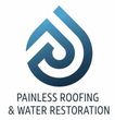 Logo for Painless Roofing & Water Restoration. Abstract water drop design, blue gradient. Text below.