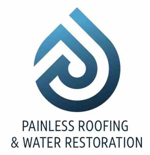 Logo for Painless Roofing & Water Restoration. Abstract water drop design, blue gradient. Text below.
