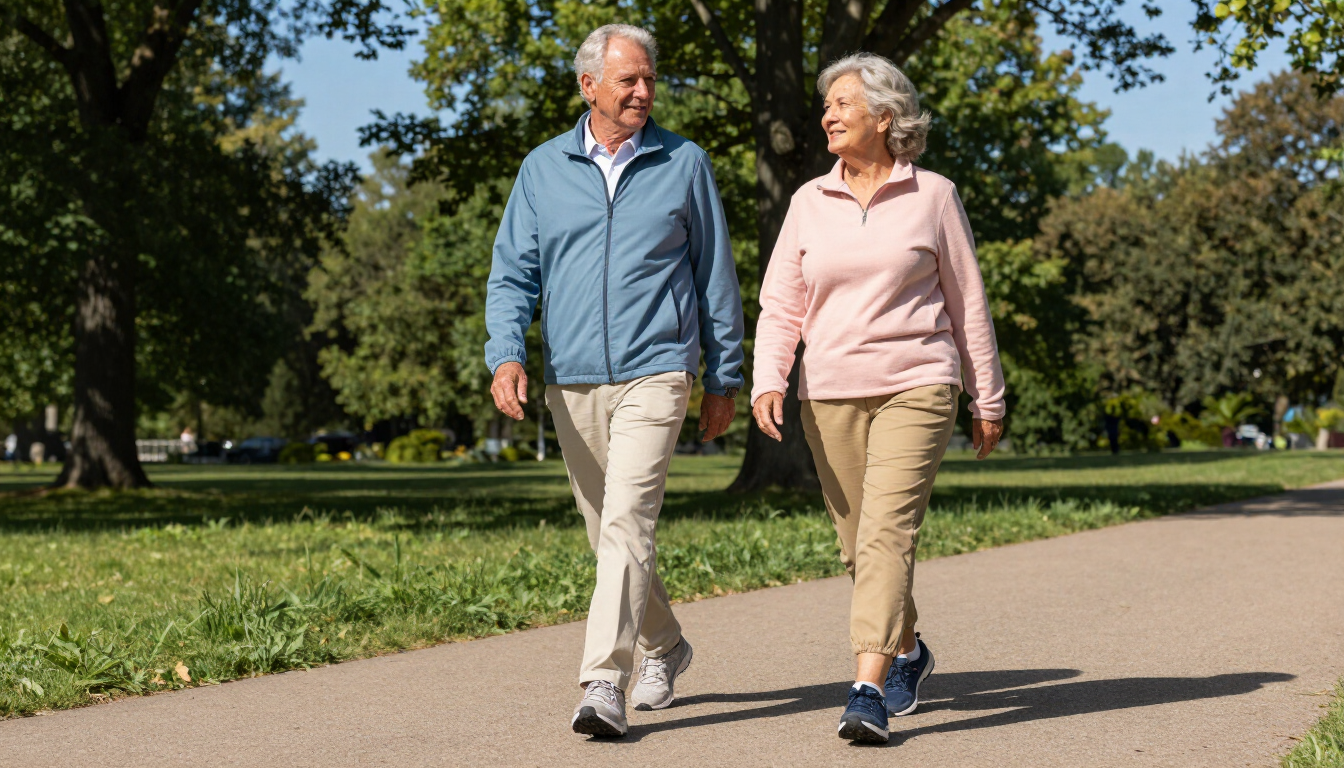 Senior couple walking comfortably