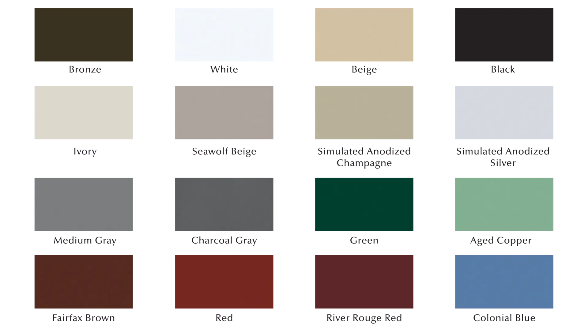 Color palette chart with 12 muted swatches in rows, each labeled with a color name.