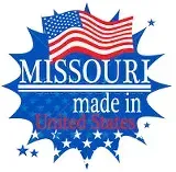 Missouri “Made in the USA” badge with a waving American flag and blue starburst background